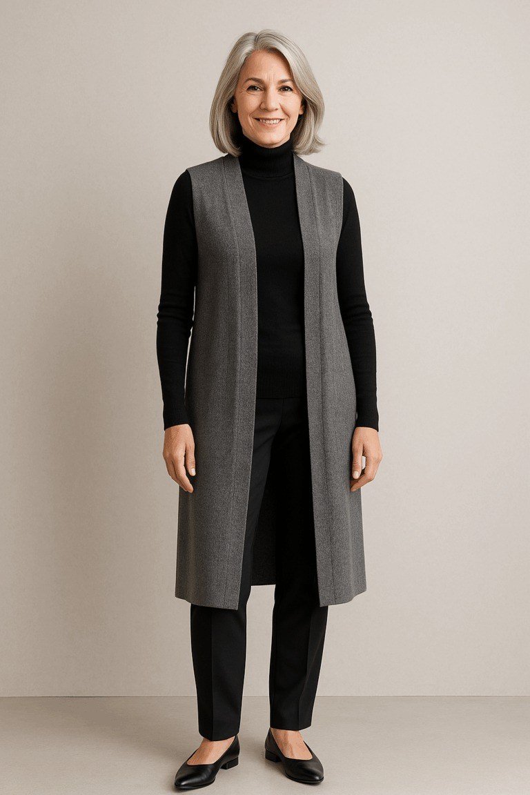 Long Gray Vest over Black Turtleneck