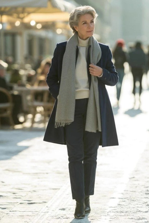 Navy Coat with Gray Scarf on a Snowy Street