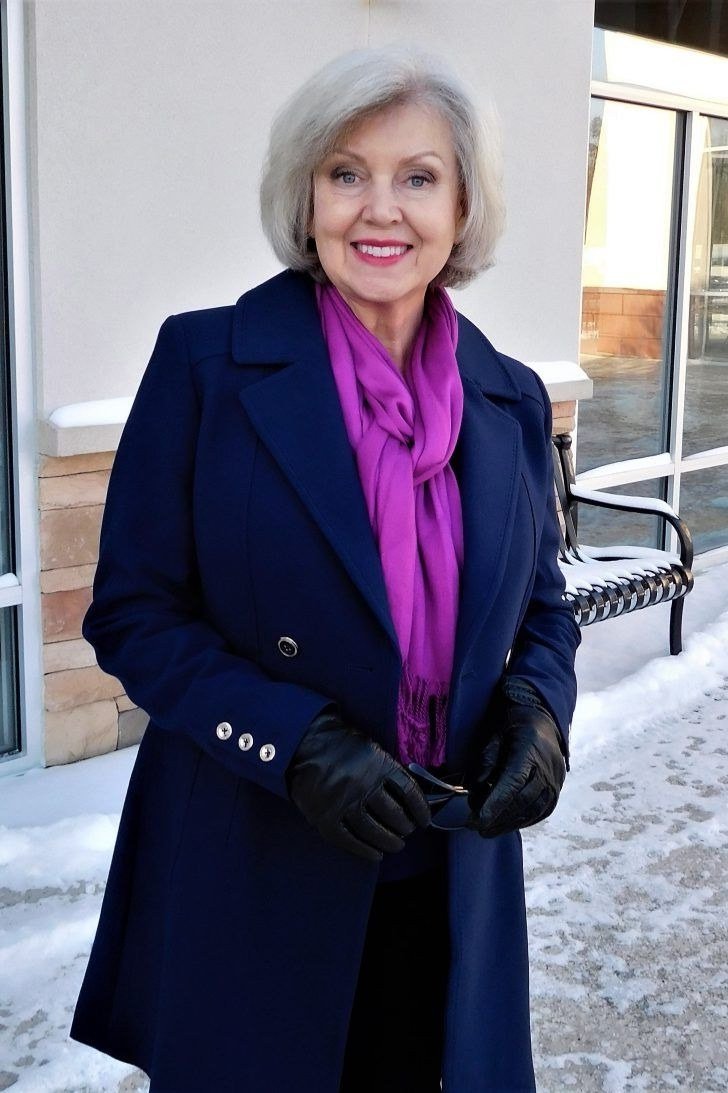 Navy Coat with Purple Scarf and Black Gloves