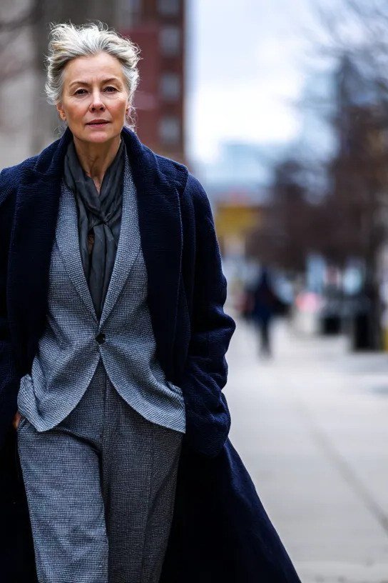 Long Black Coat over a Gray Pantsuit