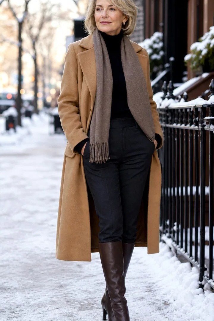Camel Coat with Brown Turtleneck and Tall Boots