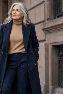 Navy Suit with Tan Turtleneck on the Street