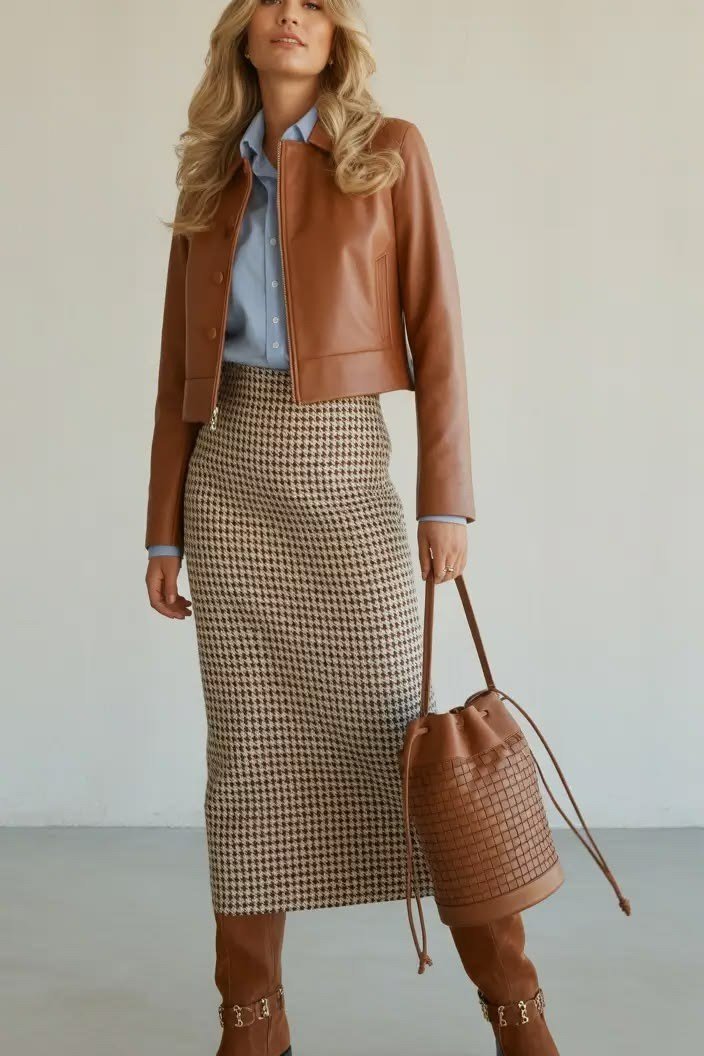 Tan Leather Jacket with Houndstooth Skirt and Boots