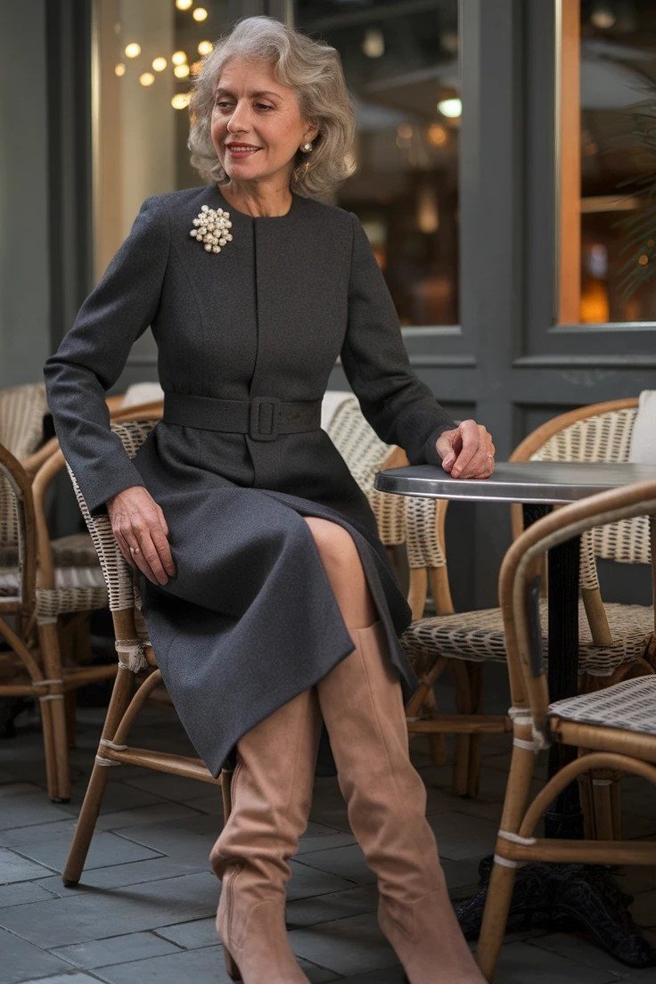 Gray Sweater Dress with Tall Tan Boots