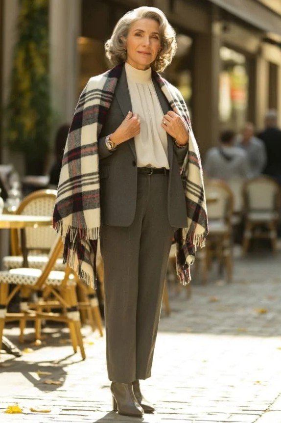Gray Blazer with Plaid Shawl and Olive Pants