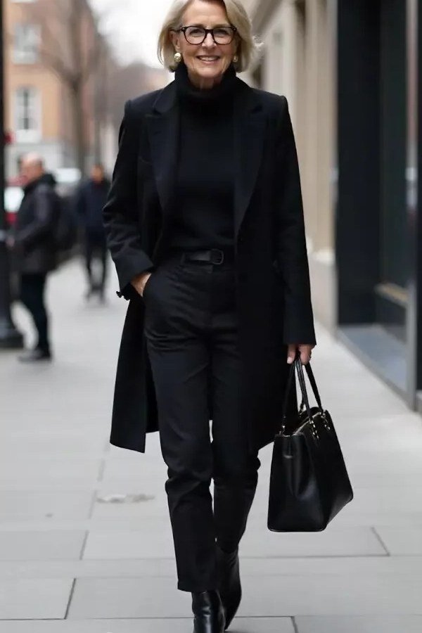 Black Coat over a Black Turtleneck and Trousers