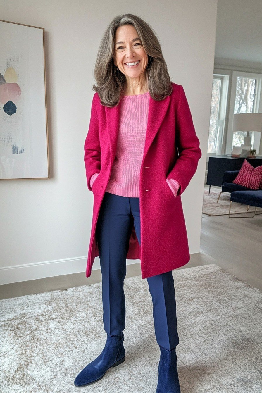 Magenta Coat with Pink Sweater and Navy Pants