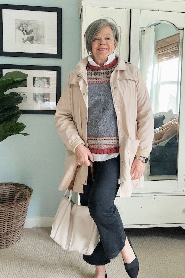 Black Quilted Coat with White Turtleneck