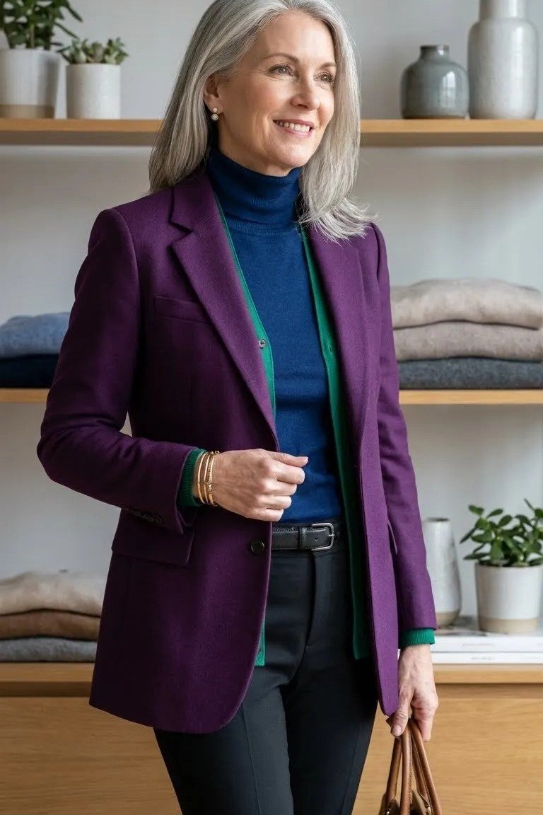 Purple Blazer with Blue Turtleneck and Black Pants