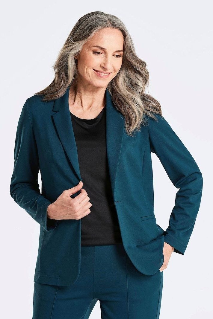 Teal Blazer with Black Top and Matching Pants