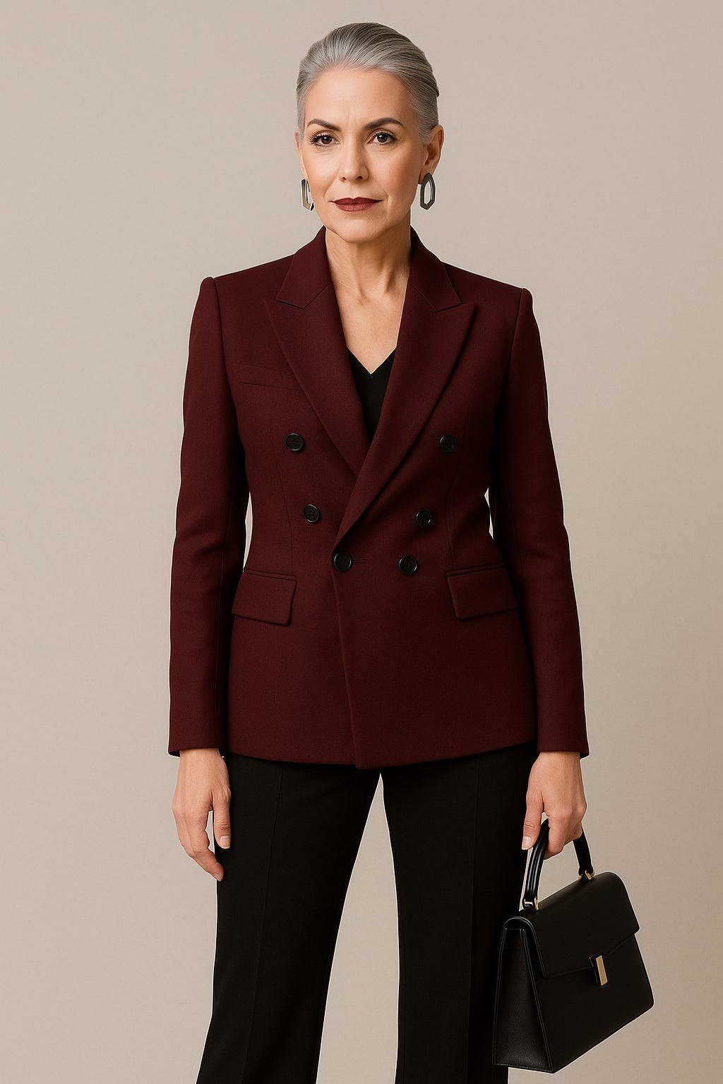 Burgundy Double-Breasted Blazer with Black Pants