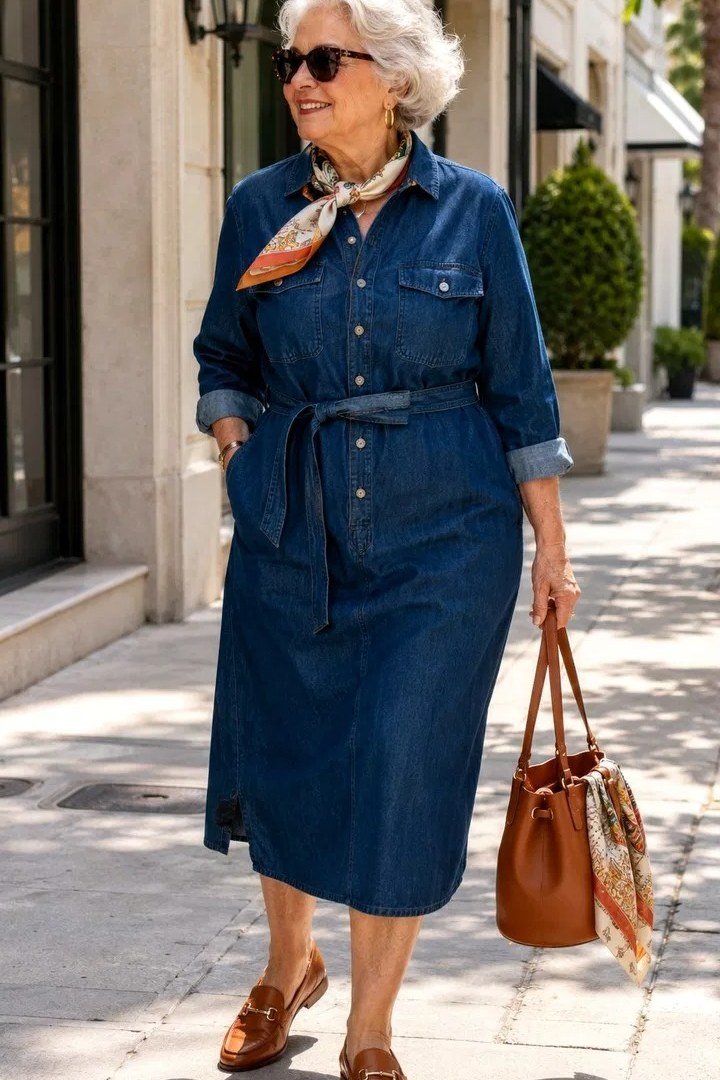 Older woman in dark denim midi shirt dress with patterned scarf and brown tote, city sidewalk - denim dresses for women over 60