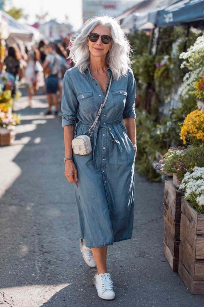 Older woman with long grey hair in light chambray midi shirt dress, white sneakers, crossbody bag, flower market - denim dresses for women over 60