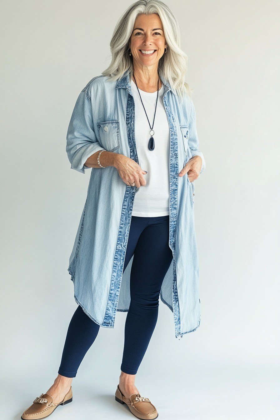 Grey-haired older woman in long light chambray shirt dress worn open over white top with dark leggings, studio - denim dresses for women over 60