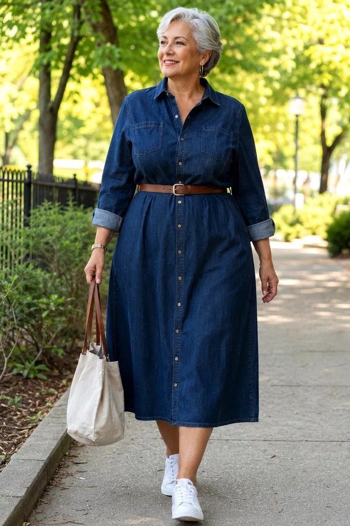 Grey-haired older woman in belted dark denim midi shirt dress with white tote, park path - denim dresses for women over 60