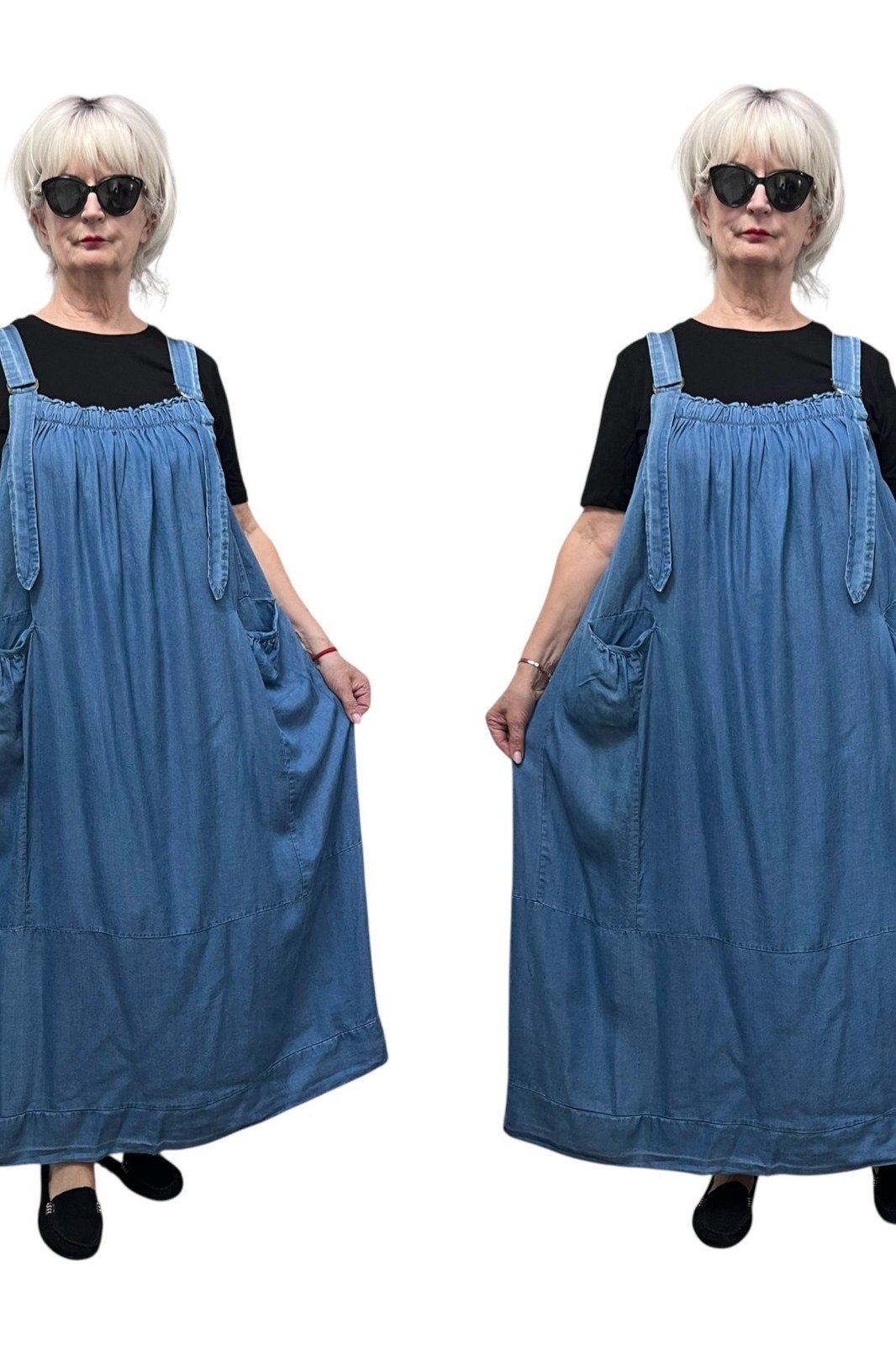 White-haired older woman with sunglasses in blue denim pinafore maxi dress over black top, two poses, studio - denim dresses for women over 60