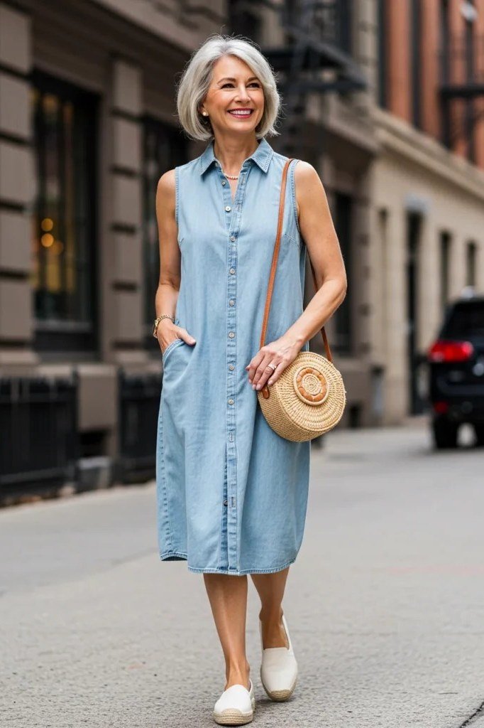 Grey-haired woman in sleeveless chambray shirt dress with round woven bag, city street - denim dresses for women over 60