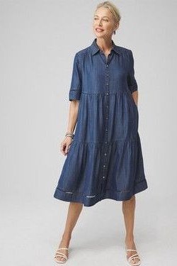 Woman in dark denim tiered midi shirt dress, studio - denim dresses for women over 60