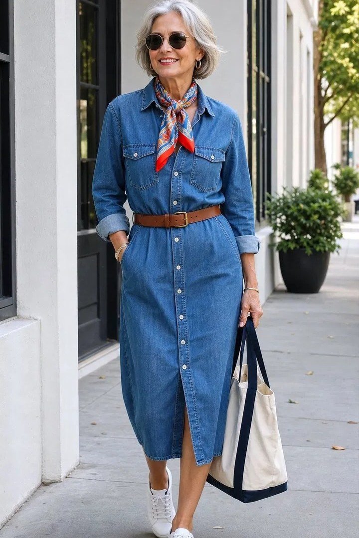 Woman in denim shirt dress with brown belt and tote, building exterior - denim dresses for women over 60