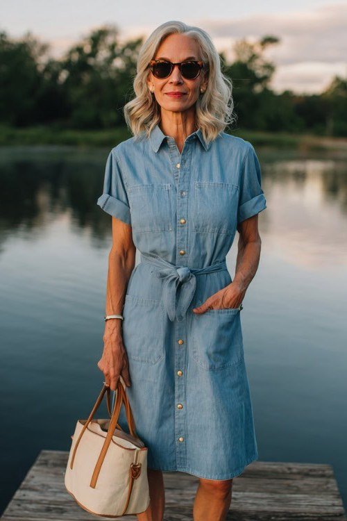 Woman in chambray shirt dress with tied waist, lakeside dock - denim dresses for women over 60