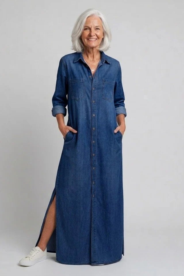 White-haired older woman in dark denim maxi shirt dress with sneakers, studio - denim dresses for women over 60