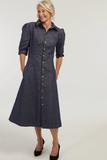 Woman in dark denim shirt dress, studio - denim dresses for women over 60