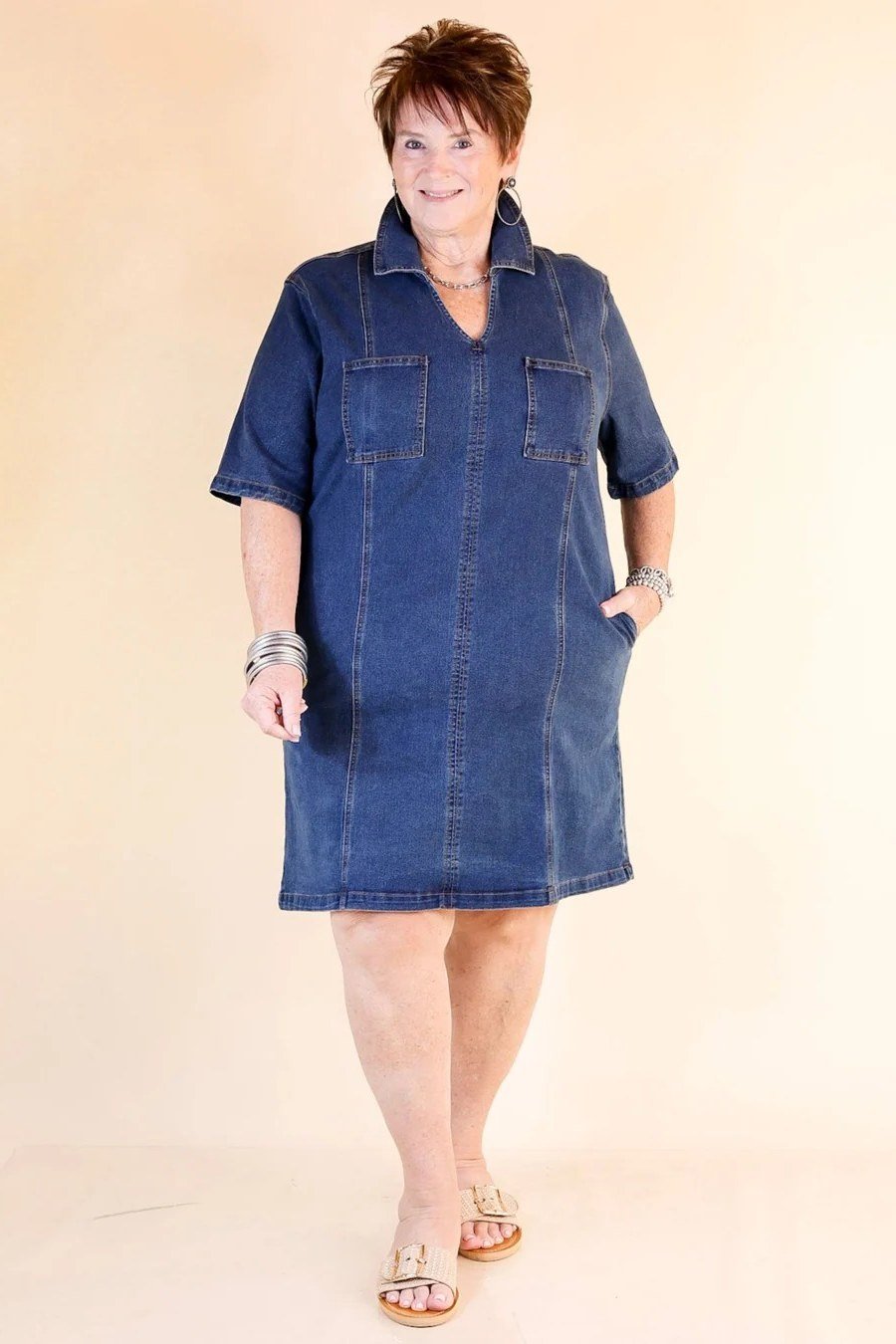 Woman in denim shirt dress, studio - denim dresses for women over 60