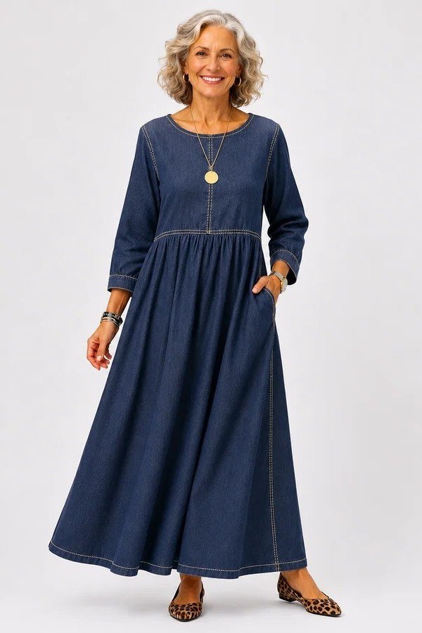 Woman in dark denim maxi dress, studio - denim dresses for women over 60