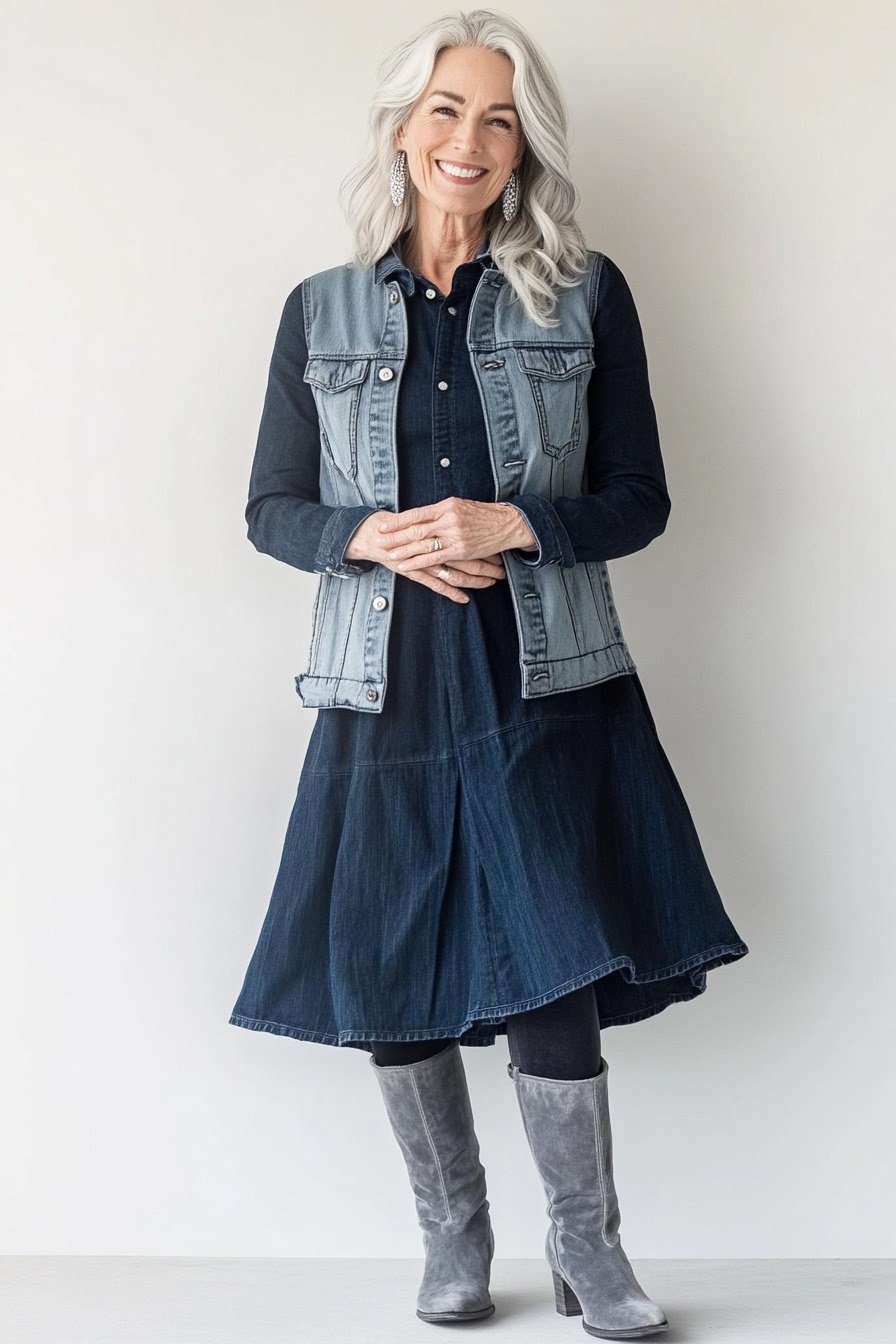 Grey-haired woman in dark denim dress with light denim vest and grey boots, studio - denim dresses for women over 60