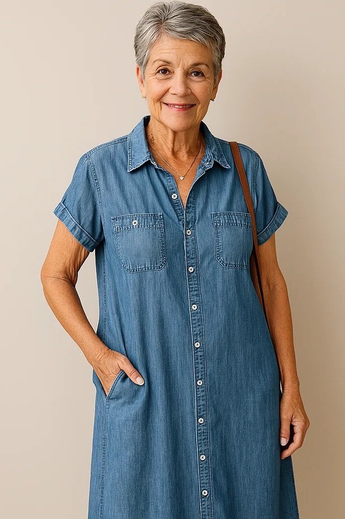 Older woman in denim shirt dress with brown shoulder bag, studio - denim dresses for women over 60