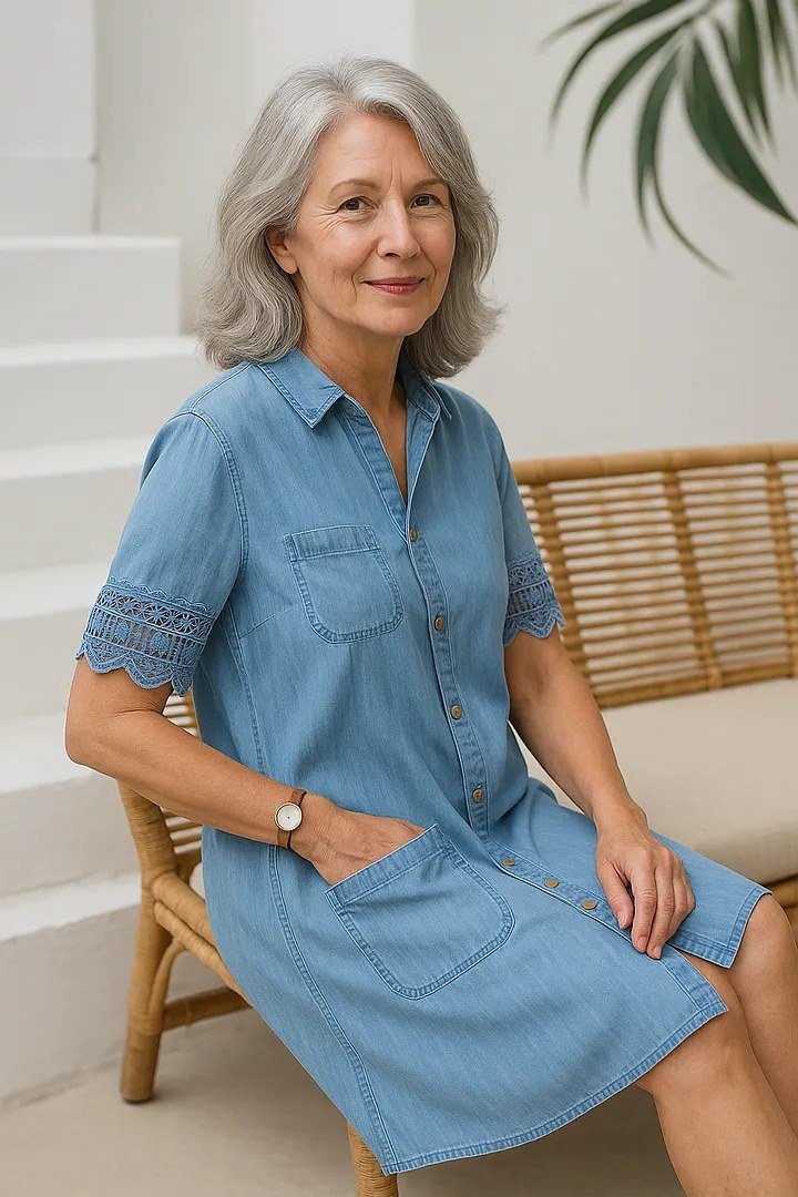Grey-haired woman in chambray shirt dress seated on rattan chair, white interior - denim dresses for women over 60