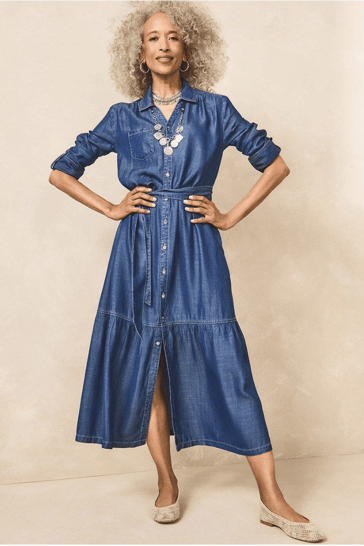 Dark blue denim shirt dress, belted, beige flats - denim outfit idea for women over 50