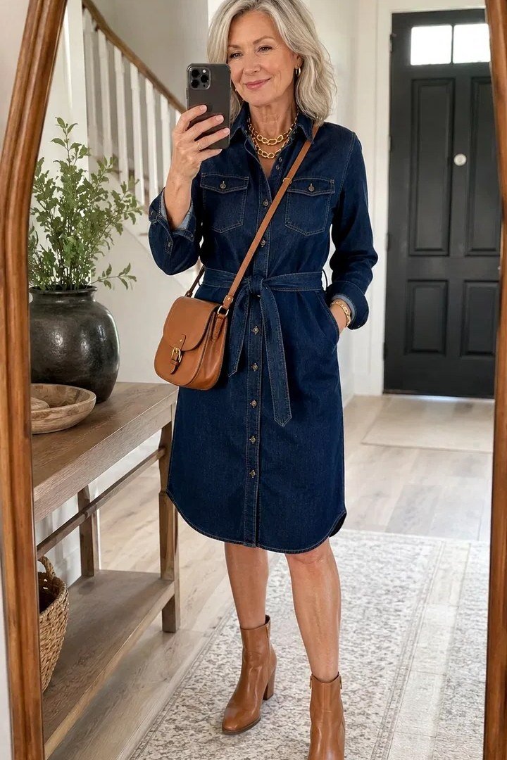 Dark denim belted shirt dress, brown crossbody, mirror selfie - denim outfit idea for women over 50