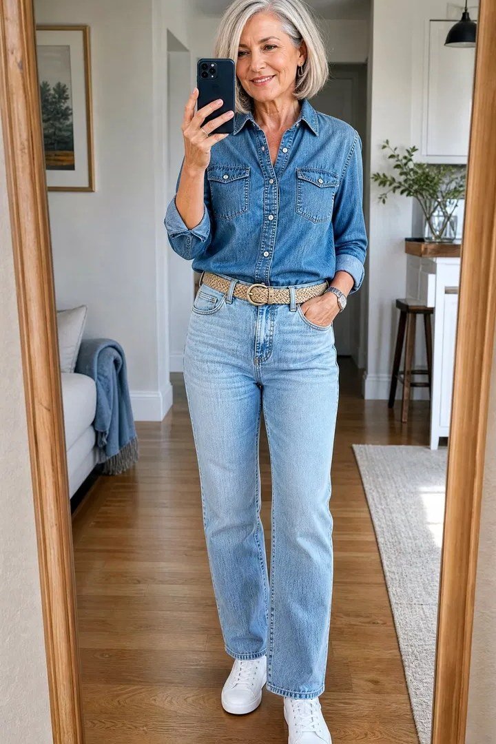 Chambray shirt, light jeans, mirror selfie - denim outfit idea for women over 50