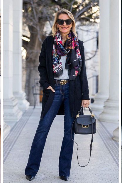 Black blazer, colorful scarf, dark jeans, black handbag, city colonnade - denim outfit idea for women over 50