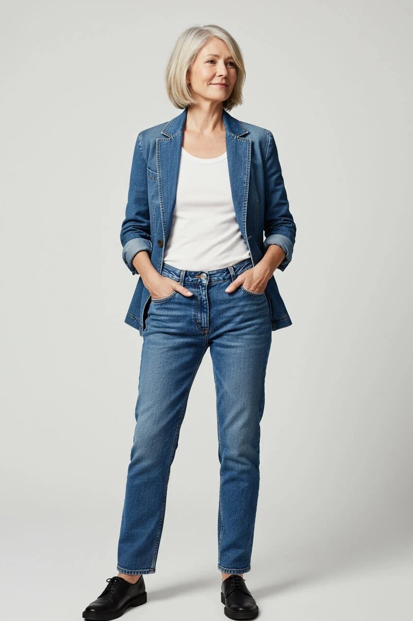 Denim blazer, white top, medium jeans - denim outfit idea for women over 50