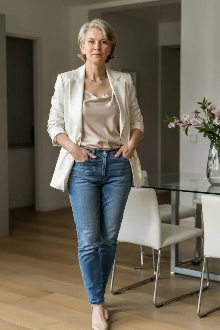 Ivory blazer, beige top, medium jeans - denim outfit idea for women over 50