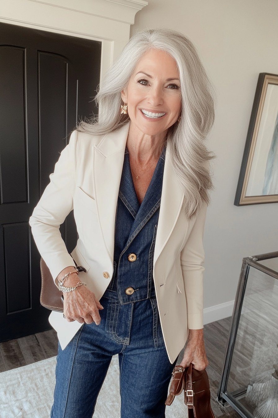 Cream blazer, dark denim shirt, medium jeans - denim outfit idea for women over 50