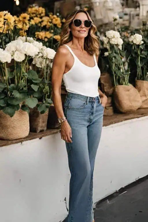 White tank top, medium jeans, flower shop - denim outfit idea for women over 50