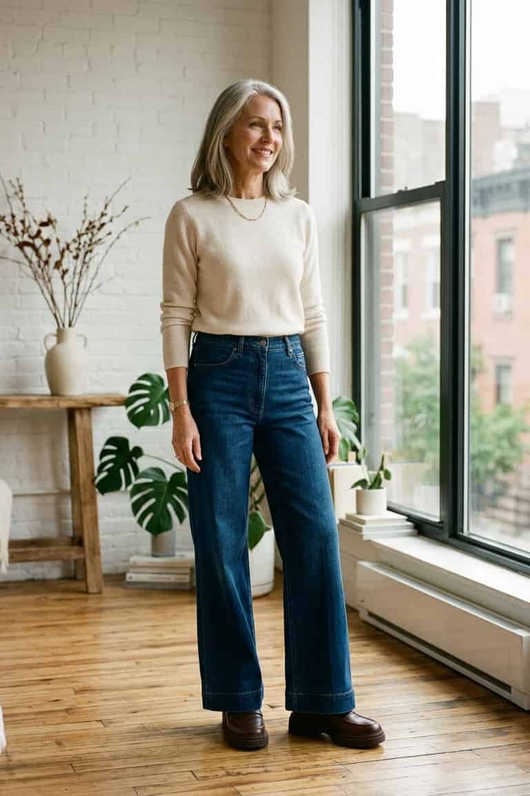 Cream sweater, dark wide-leg jeans, loft - denim outfit idea for women over 50