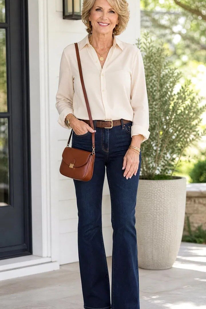 Cream blouse, dark flared jeans, crossbody - denim outfit idea for women over 50