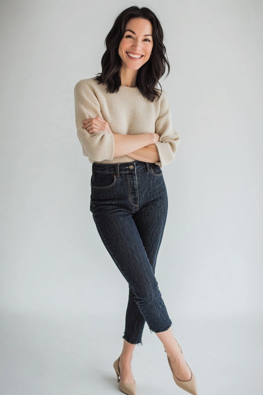 Beige sweater, dark skinny jeans, studio - denim outfit idea for women over 50