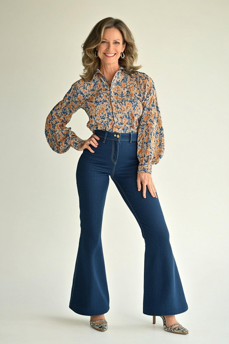 Floral blouse, dark flared jeans, studio - denim outfit idea for women over 50