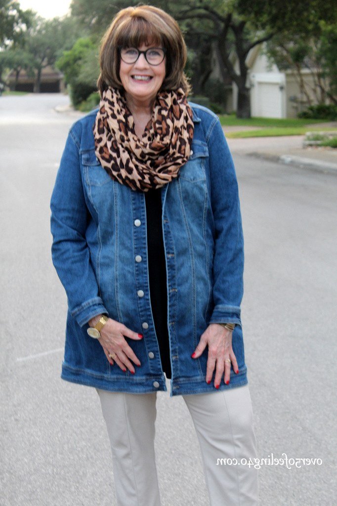 Denim shacket, leopard scarf, white jeans - denim outfit idea for women over 50