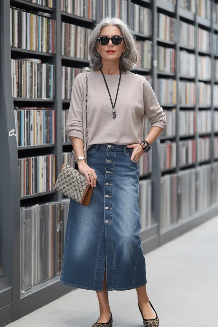 Gray top, denim midi skirt, clutch, library - denim outfit idea for women over 50