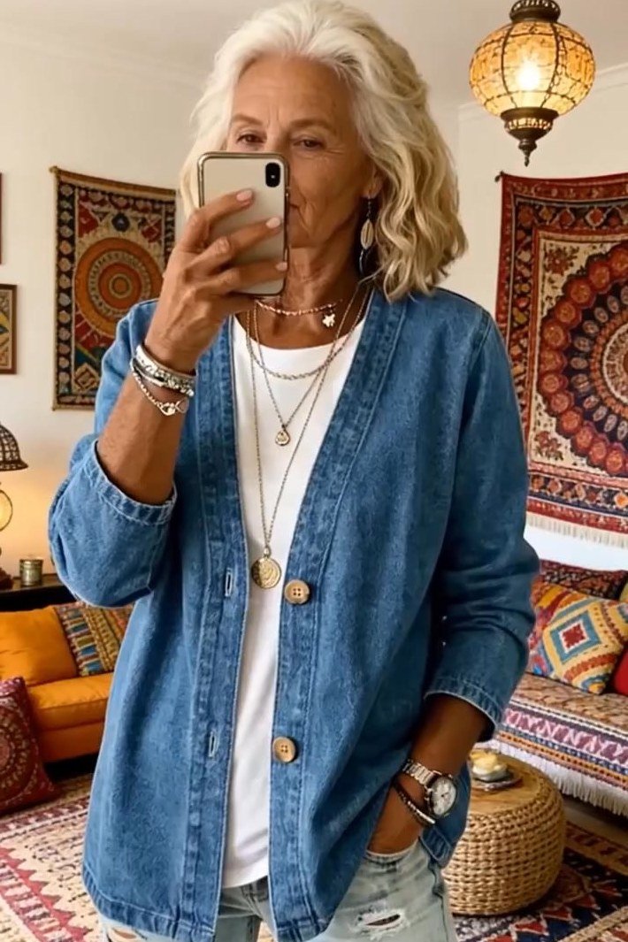 Denim cardigan, white tee, light jeans, mirror selfie - denim outfit idea for women over 50