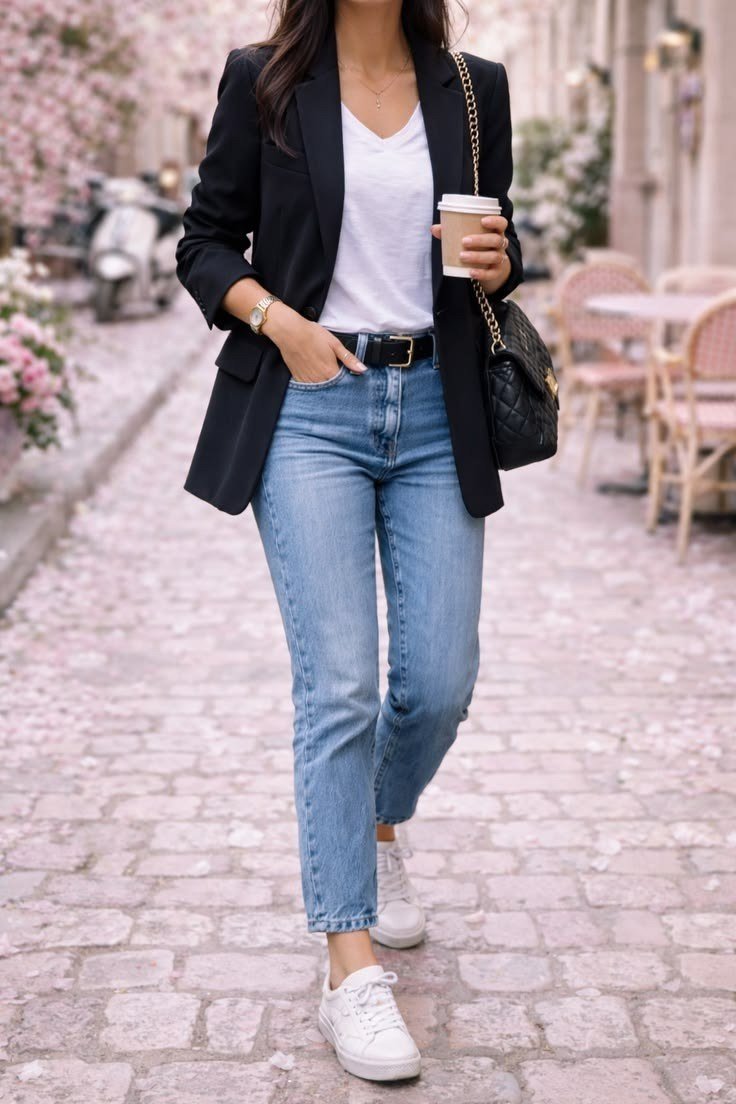 black blazer, white tee, straight-leg jeans, white sneakers