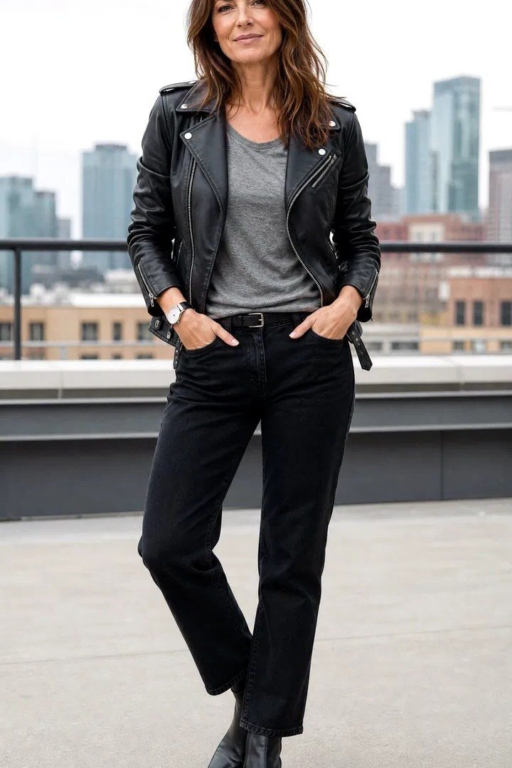 black leather jacket, gray tee, black jeans, city backdrop