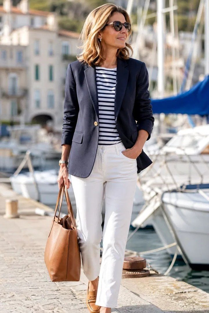 navy blazer, striped Breton top, white jeans, tan tote