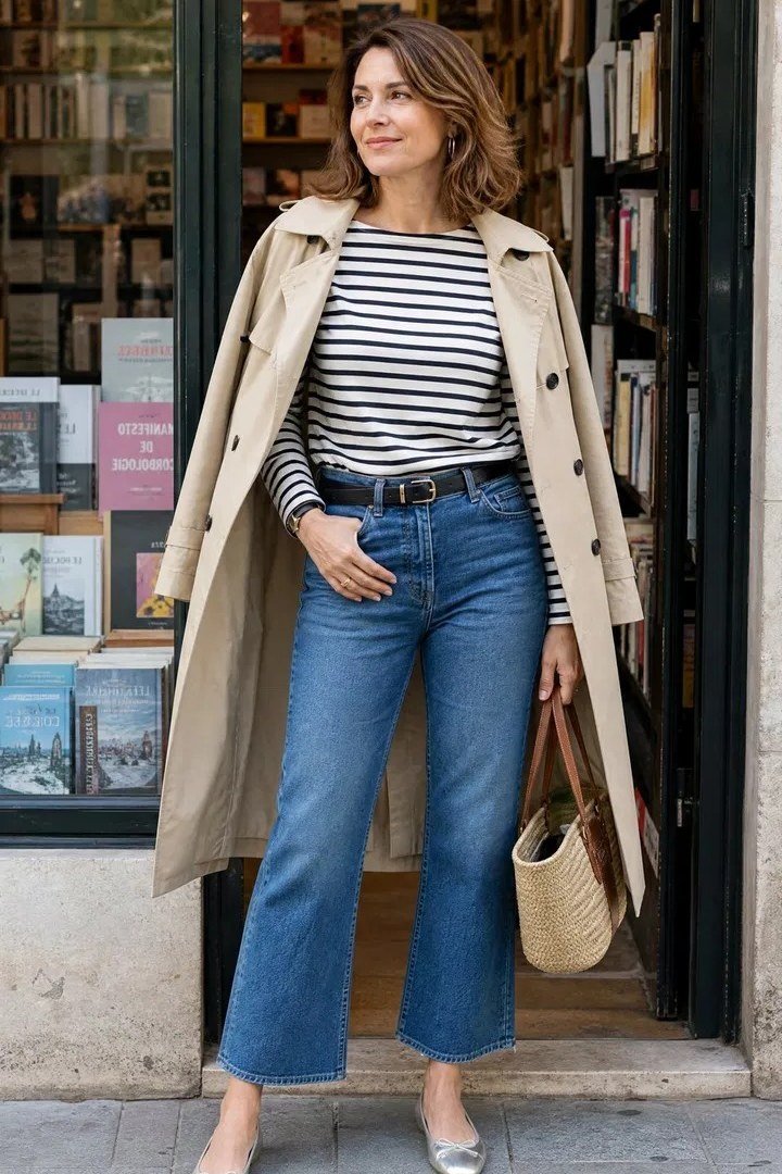 striped top, beige trench, wide-leg cropped jeans